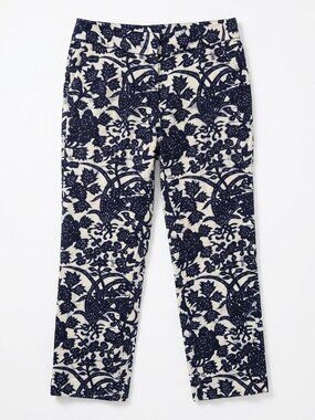 LOFT Linen Blend Navy Botanical Block Print Pants Size 8 Y2K Coquette Coastal